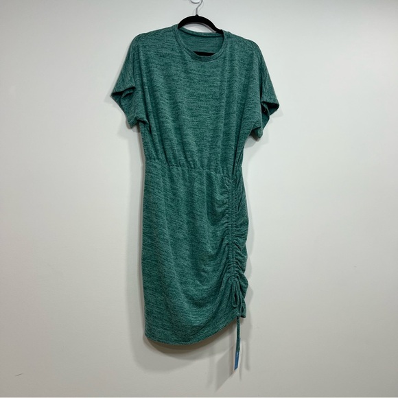 Teal Gathered Midi Dress Ruched Side Short Sleeve Soft Touch Oversized Small - Picture 2 of 10